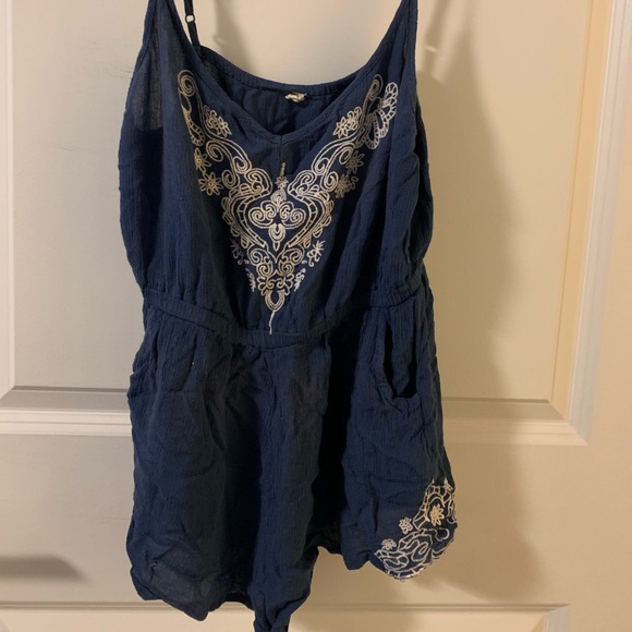 Navy Blue Linen Romper with White Embroidery - XS - Picture 1 of 5